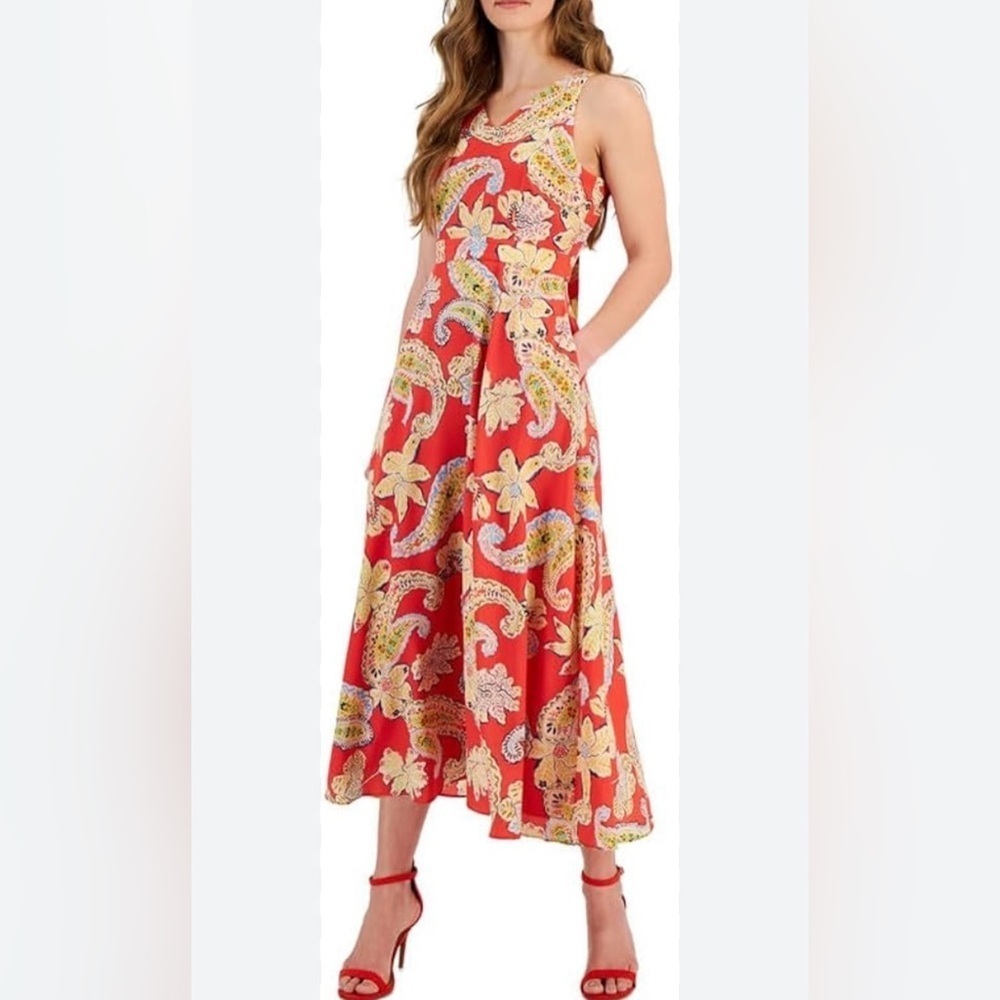 NWT Tahari ASL Printed Floral Tie Back Midi Dress In Grenadine Paisley, size 6P